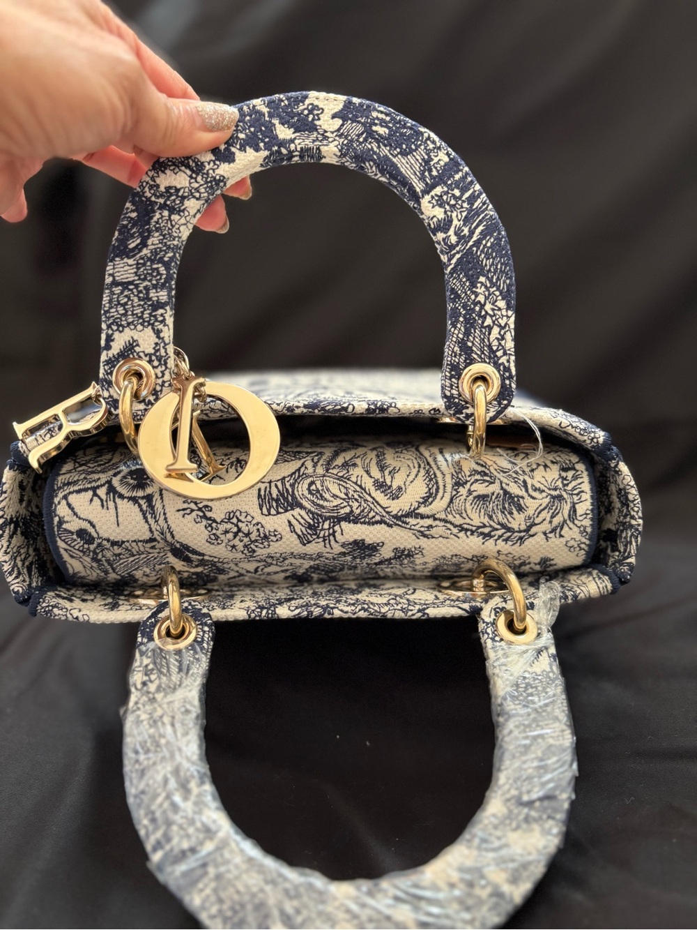 CHRISTIAN DIOR Canvas Tote Embroidered Medium Lady DLite Navy LIKE NEW Condition - Picture 6 of 13